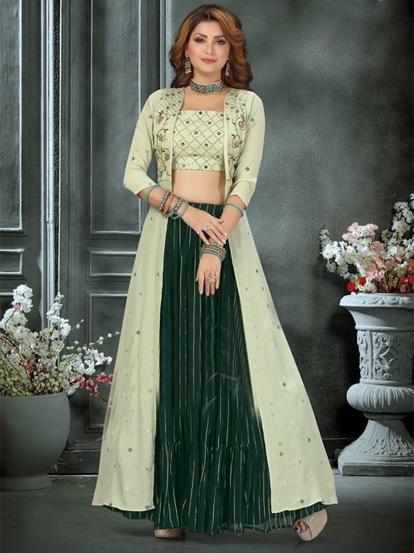 Designer Green Color Georgette Crop-top with Skirt and heavy Srug